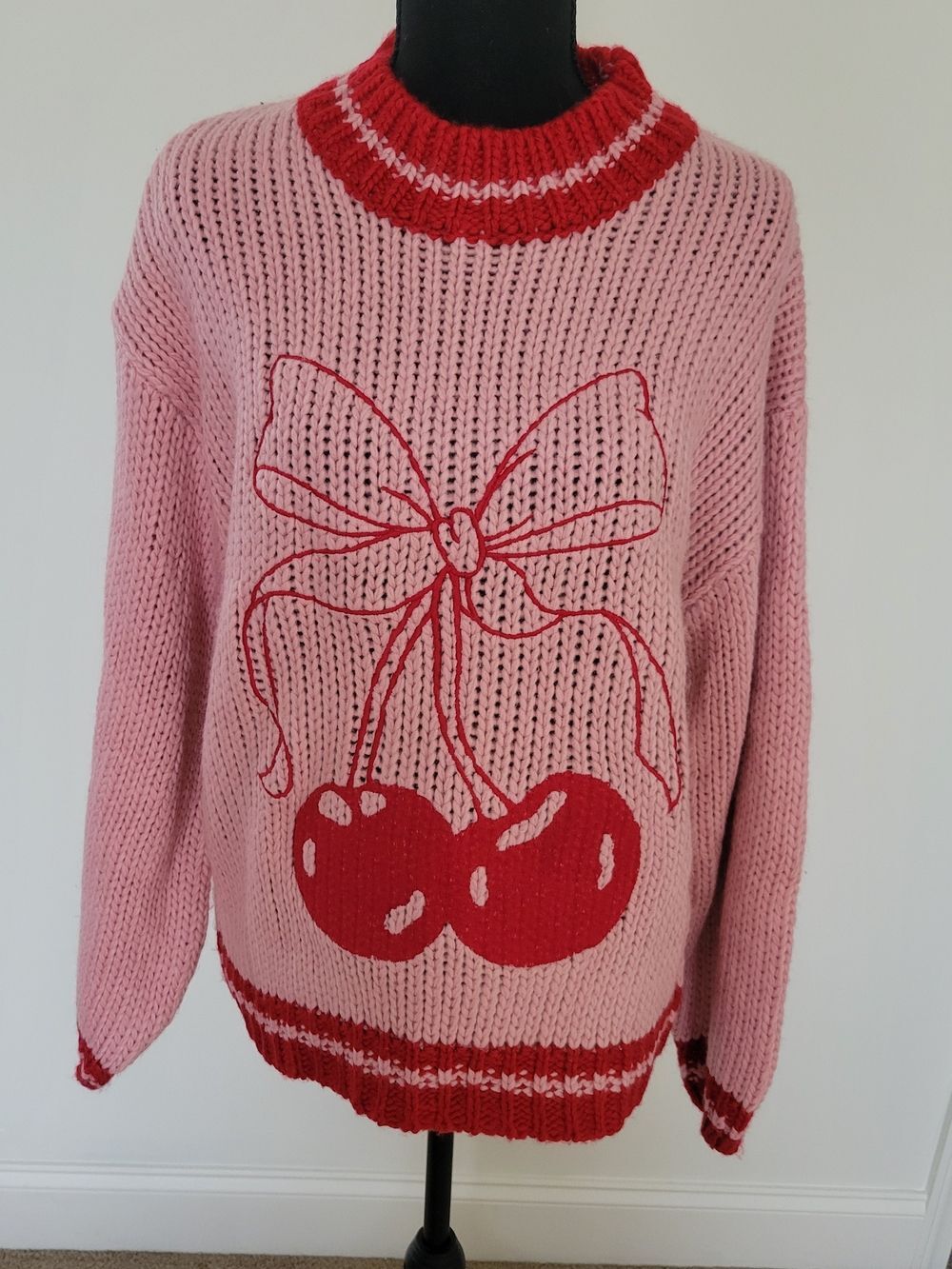 Altar'd State Cherry Bow Varsity Knit Sweater Pink Red Oversized Coquette XS